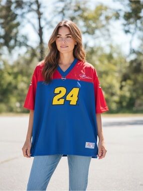 Blue and Red Athletic Jersey with Yellow Number 24